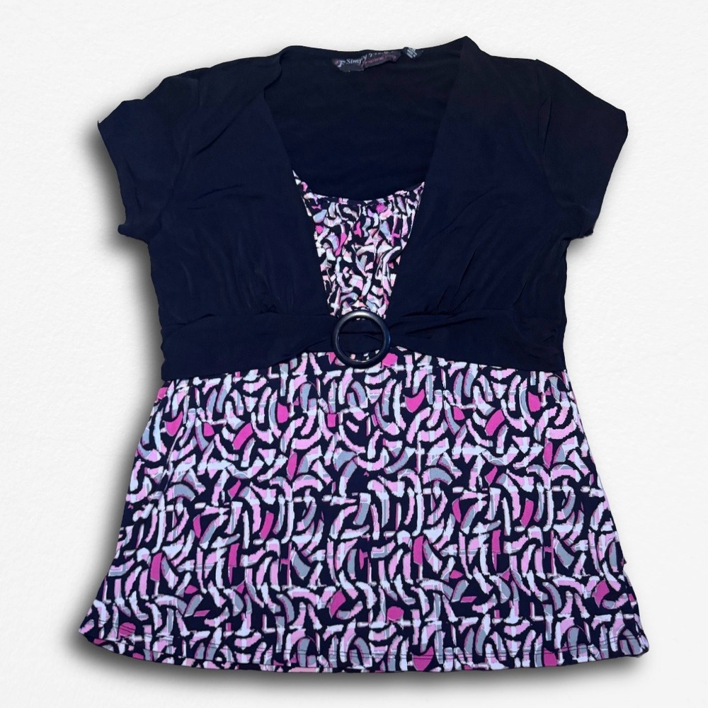 Simply French Women Black Pink Abstract Empire Waist O-Ring Layered Look Blouse